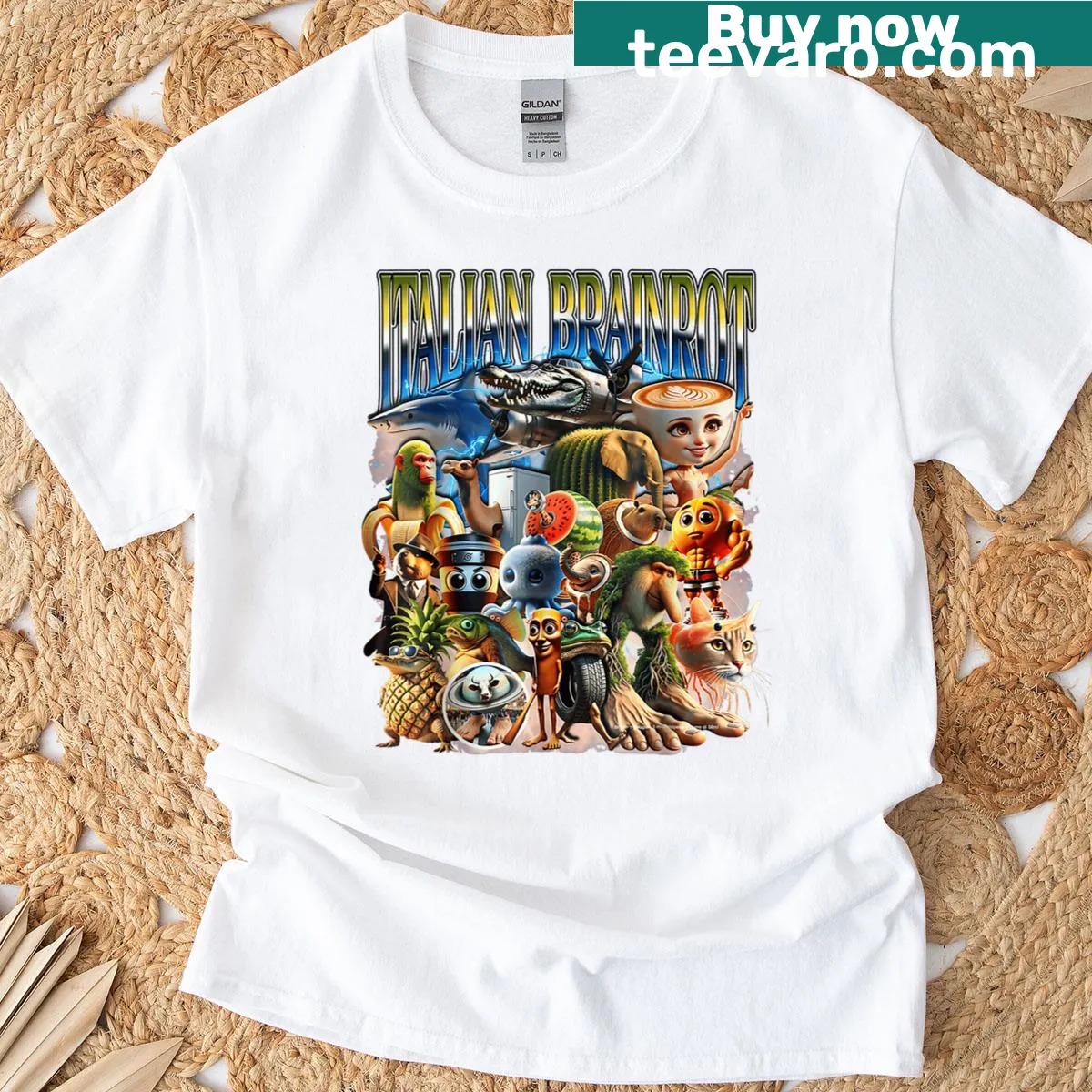 Hand-drawn Italian brainrot meme characters for kids — on a men's t-shirt