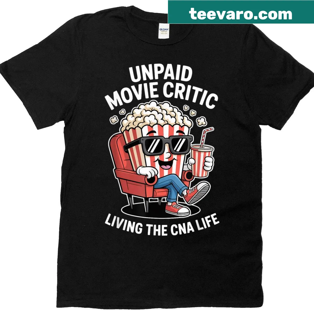 Funny T-shirt featuring popcorn art for movie critics. — on a men's t-shirt