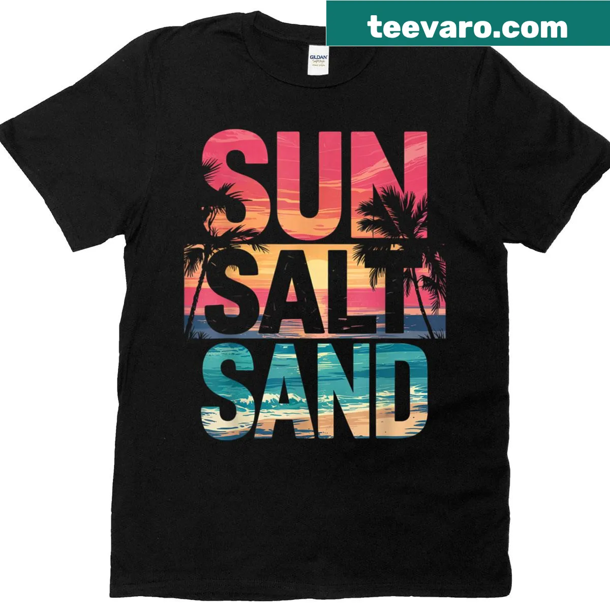 Surfer riding a wave design with palm trees on a beach-inspired t-shirt — on a men's t-shirt
