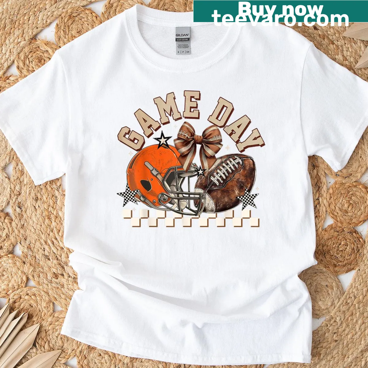 Vintage Football Mom t-shirt with orange bow design — on a men's t-shirt