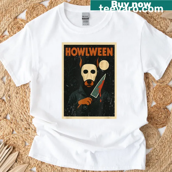 Illustrated T-shirt featuring vintage horror movie and dog themes