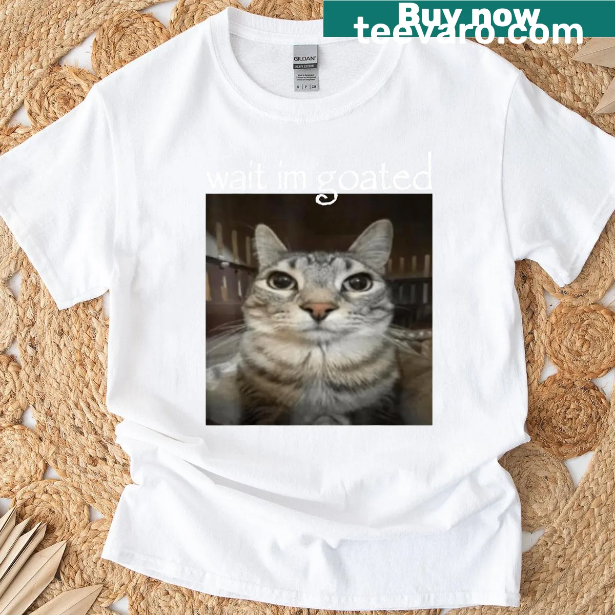 T-shirt with a cat meme saying 'Wait I'm Goated' — on a men's t-shirt
