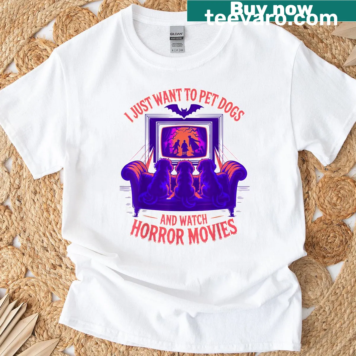 Illustrated T-shirt featuring dogs and horror movie themes — on a men's t-shirt