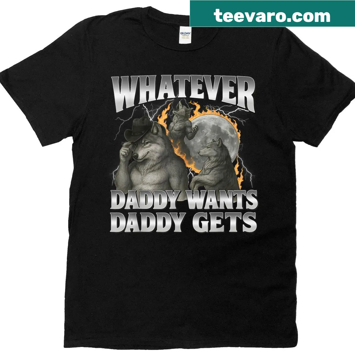 Funny meme tee with alpha wolf and humorous text — on a men's t-shirt