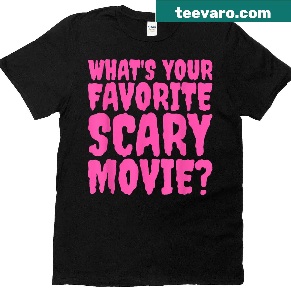 T-shirt featuring the text 'What's Your Favorite Scary Movie?' — on a men's t-shirt