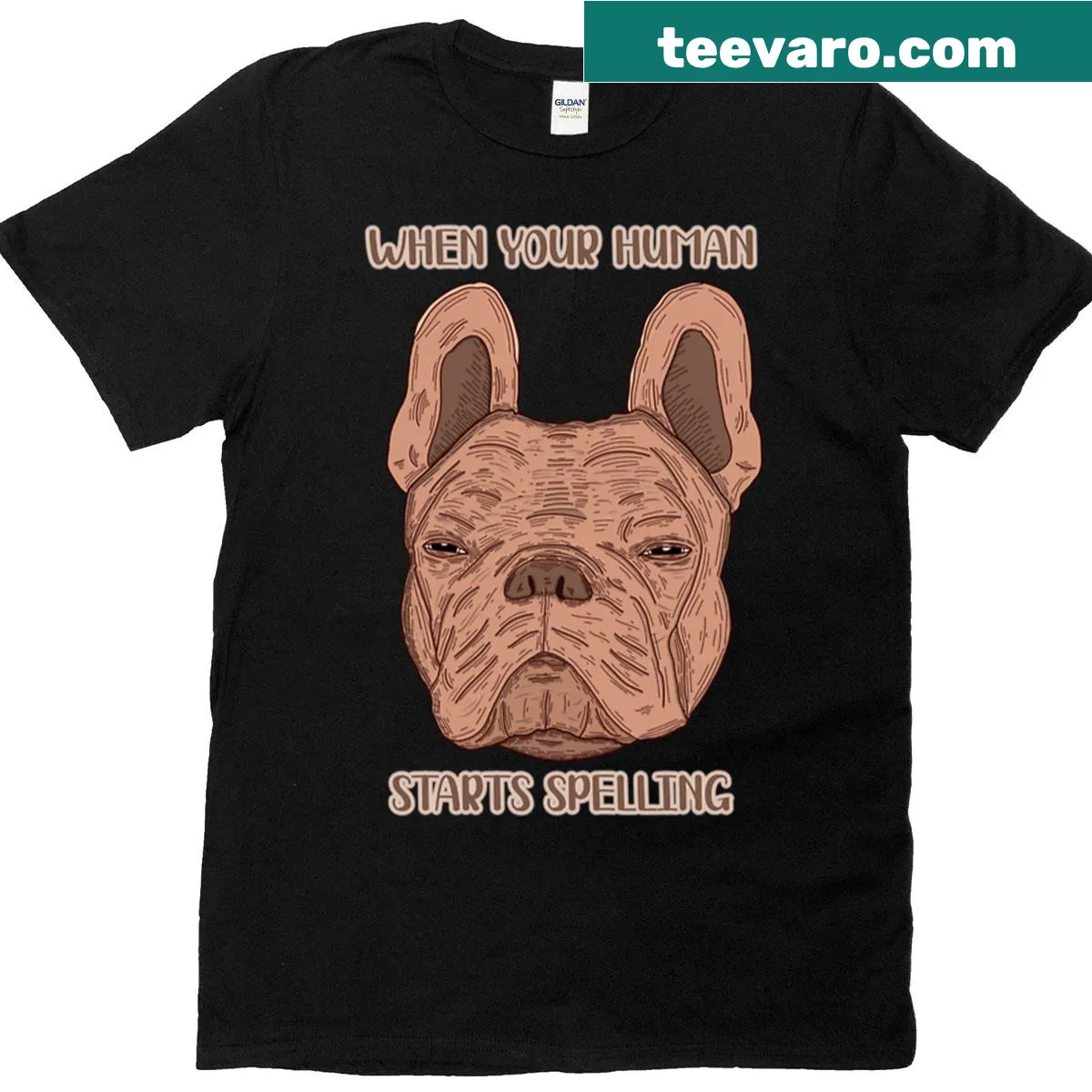 Funny French Bulldog t-shirt with humorous text about spelling — on a men's t-shirt