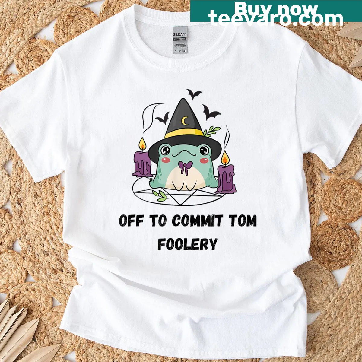 Cartoon frog wizard design ready for mischief, perfect for meme lovers. — on a men's t-shirt