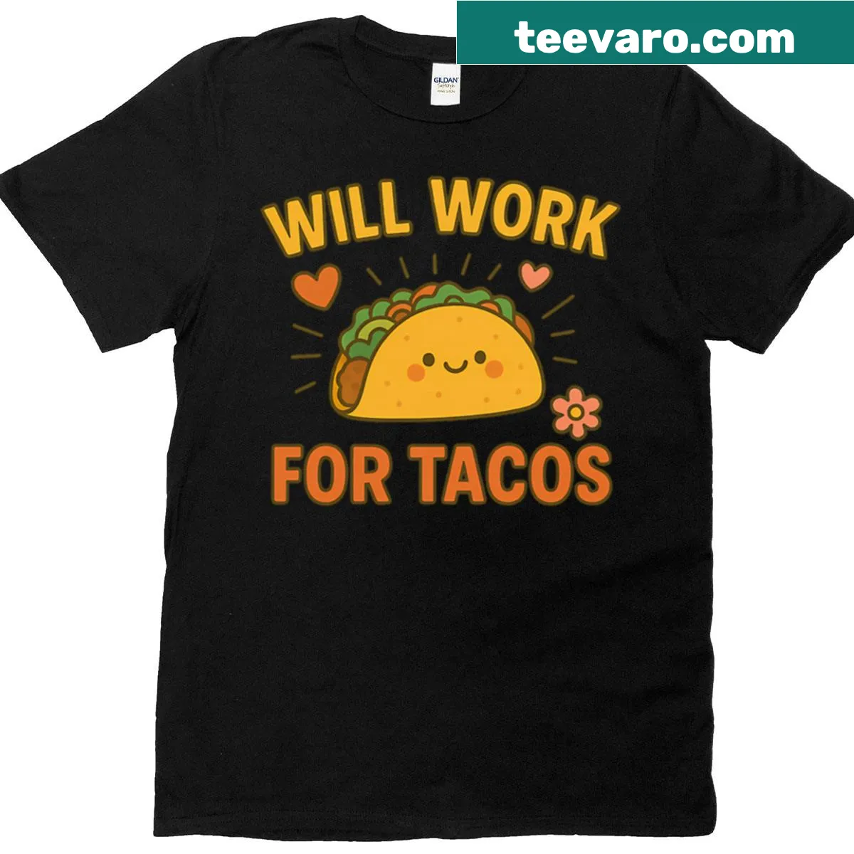 Cute kawaii taco graphic with 'Will Work For Tacos' text — on a men's t-shirt
