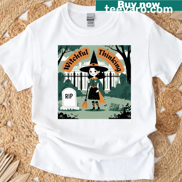 Oversized t-shirt with whimsical text 'Witchful Thinking'.