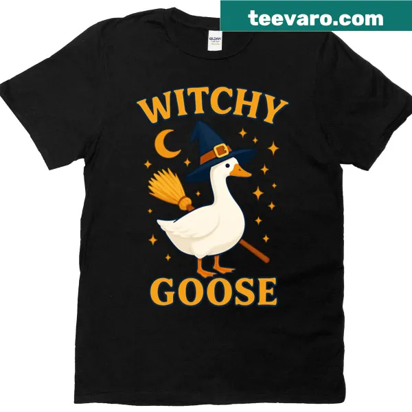Cute Halloween t-shirt featuring a witchy goose design