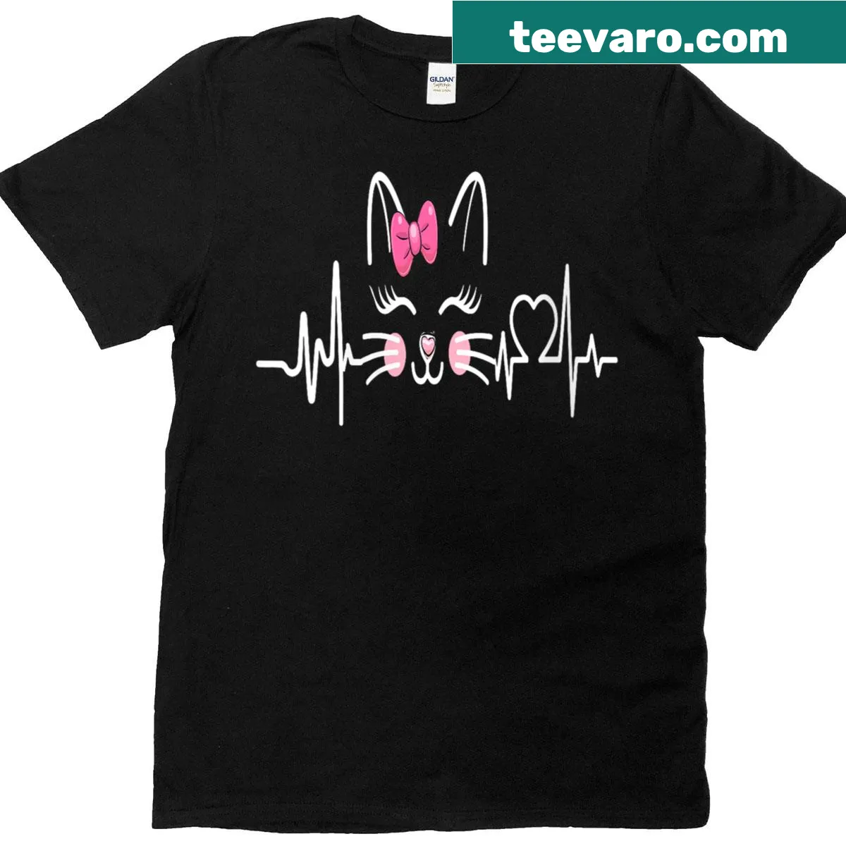 T-shirt with heartbeat line transforming into a cat silhouette — on a men's t-shirt