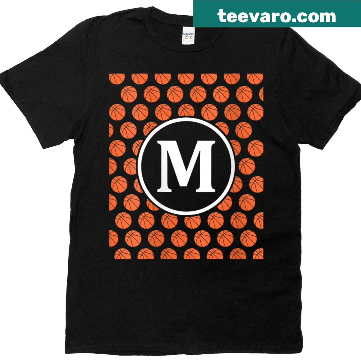 Womens T-shirt with monogram 'M' surrounded by a basketball pattern — on a men's t-shirt