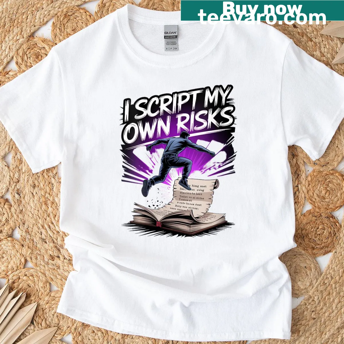 Womens t-shirt with scripted 'Risks' for stunt performers in the movie industry — on a men's t-shirt