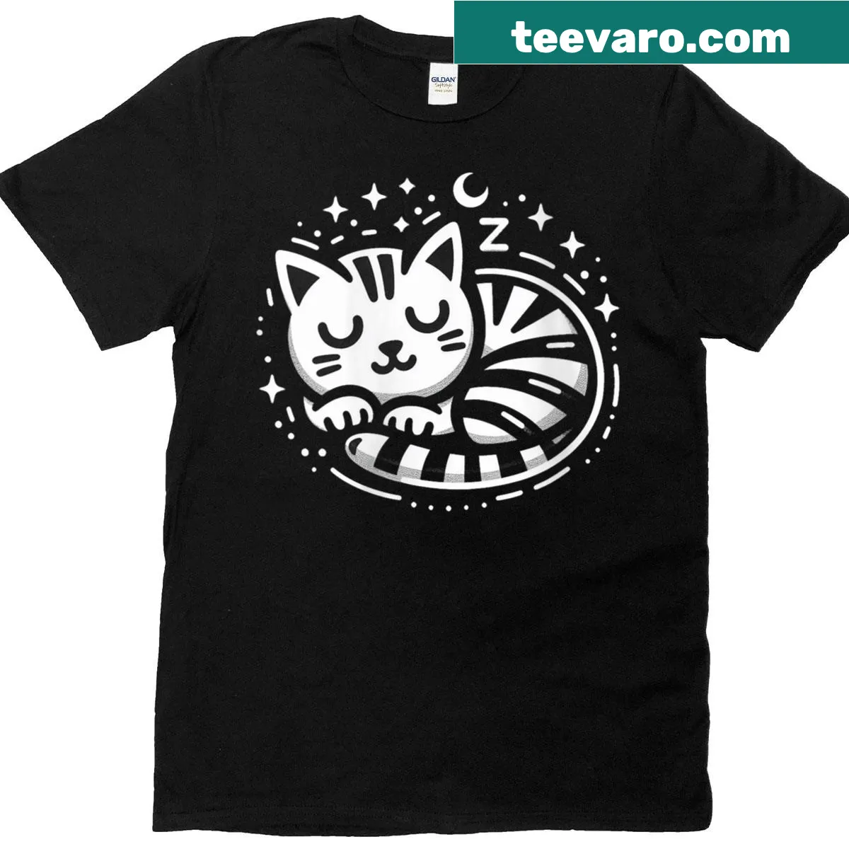 Cute cartoon striped cat napping t-shirt for women — on a men's t-shirt