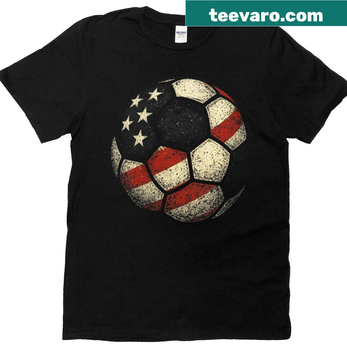Patriotic T-shirt with soccer ball and American flag graphic — on a men's t-shirt