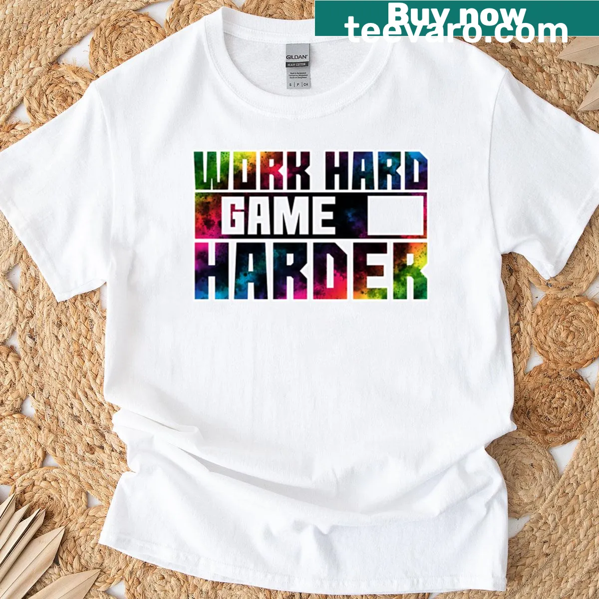 T-shirt with the motivational phrase 'Work Hard Game Harder' for gamers — on a men's t-shirt