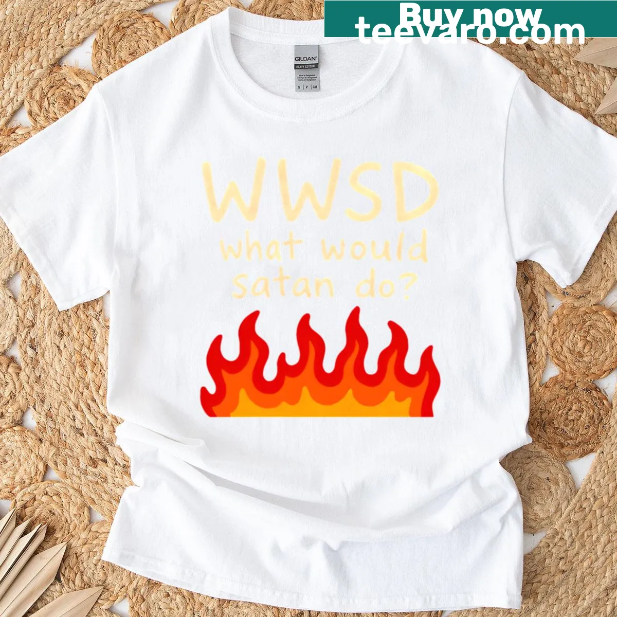 Humorous T-shirt with 'What Would Satan Do?' text for humor lovers — on a men's t-shirt