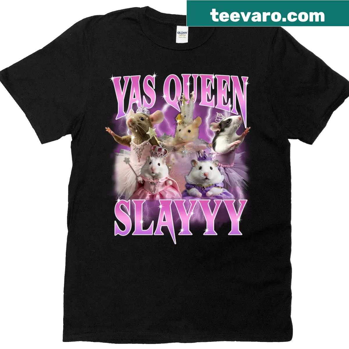 Graphic tee featuring 'Yas Queen' text and rat meme — on a men's t-shirt