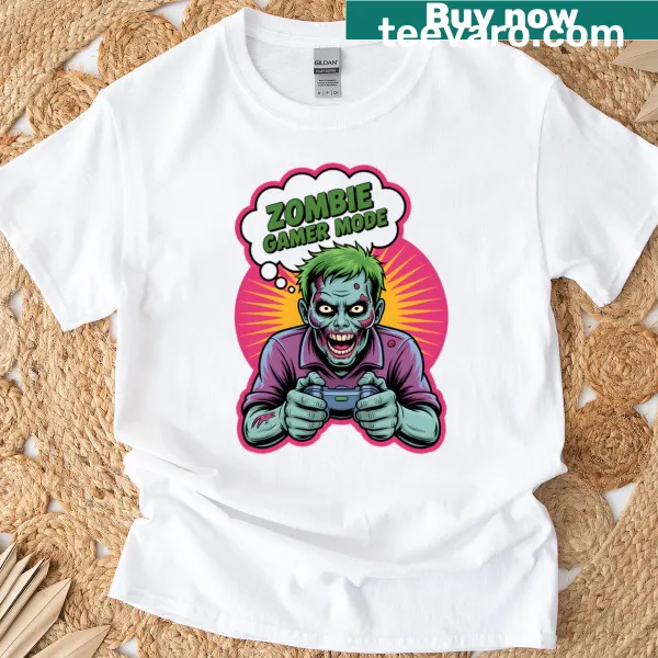 Funny t-shirt for gamers featuring a zombie theme and playful text