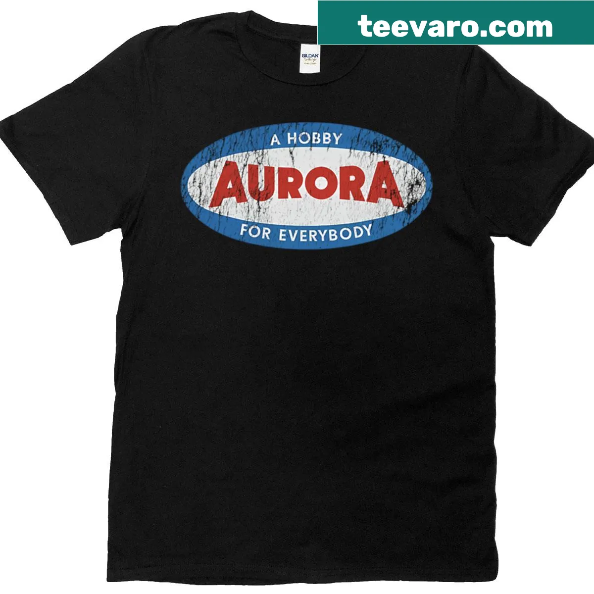 Vintage Aurora model kits emblem on a worn t-shirt — on a men's t-shirt