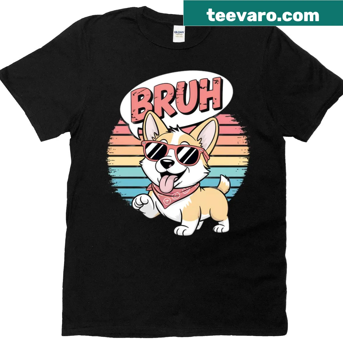 Retro corgi T-shirt with sunglasses and 'Bruh' text. — on a men's t-shirt