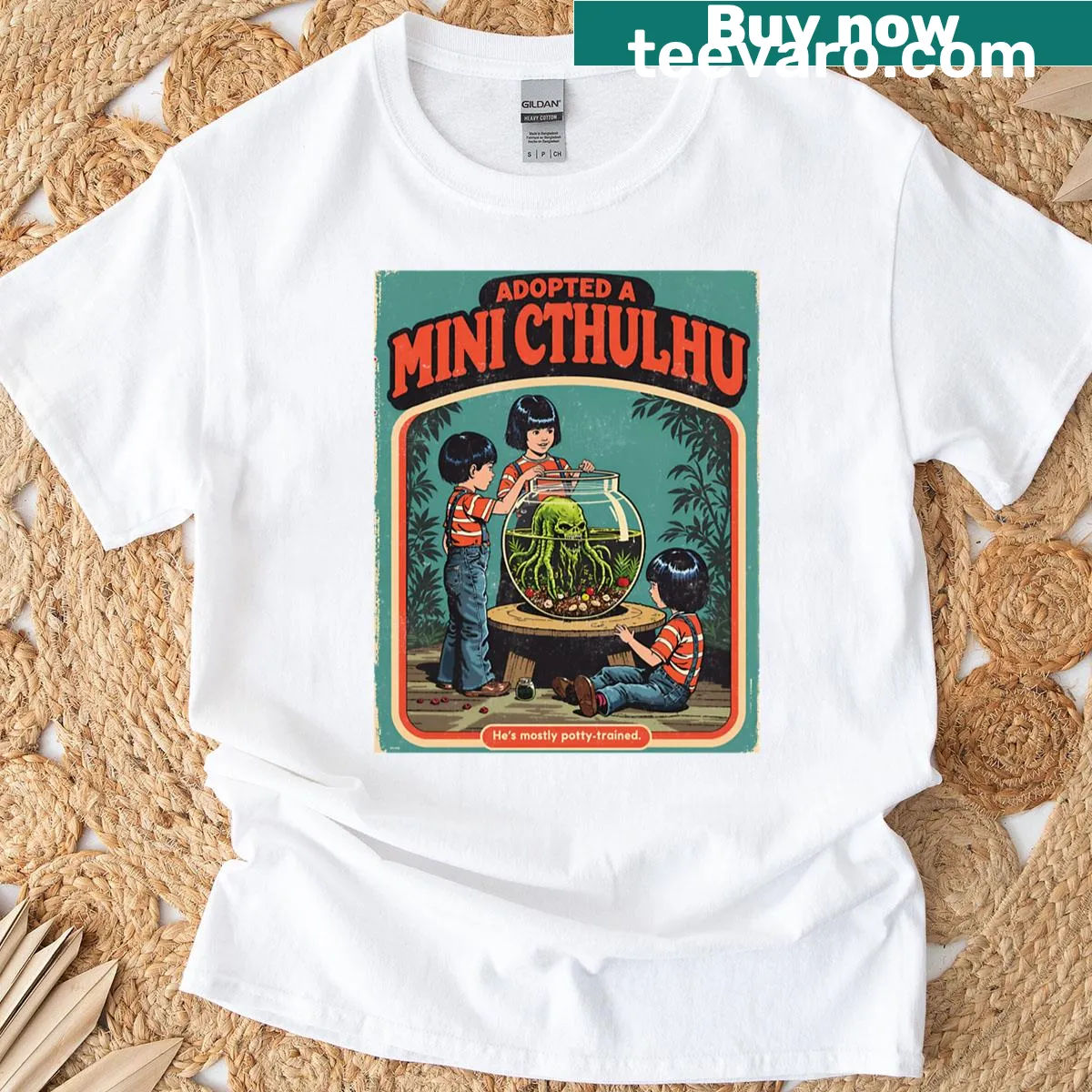 Funny t-shirt featuring a mini Cthulhu character with humorous text — on a men's t-shirt