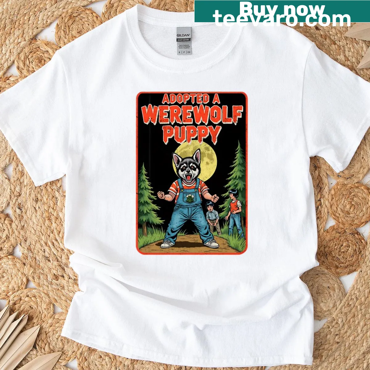 Funny werewolf puppy T-shirt with playful horror design — on a men's t-shirt