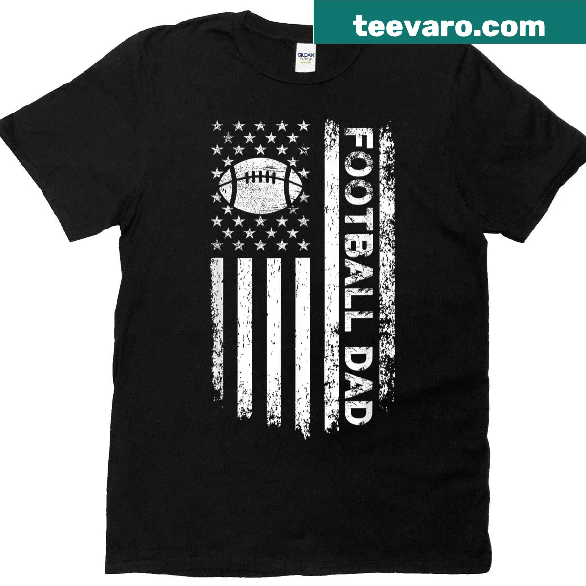 Football Dad t-shirt with American flag and football field lines — on a men's t-shirt