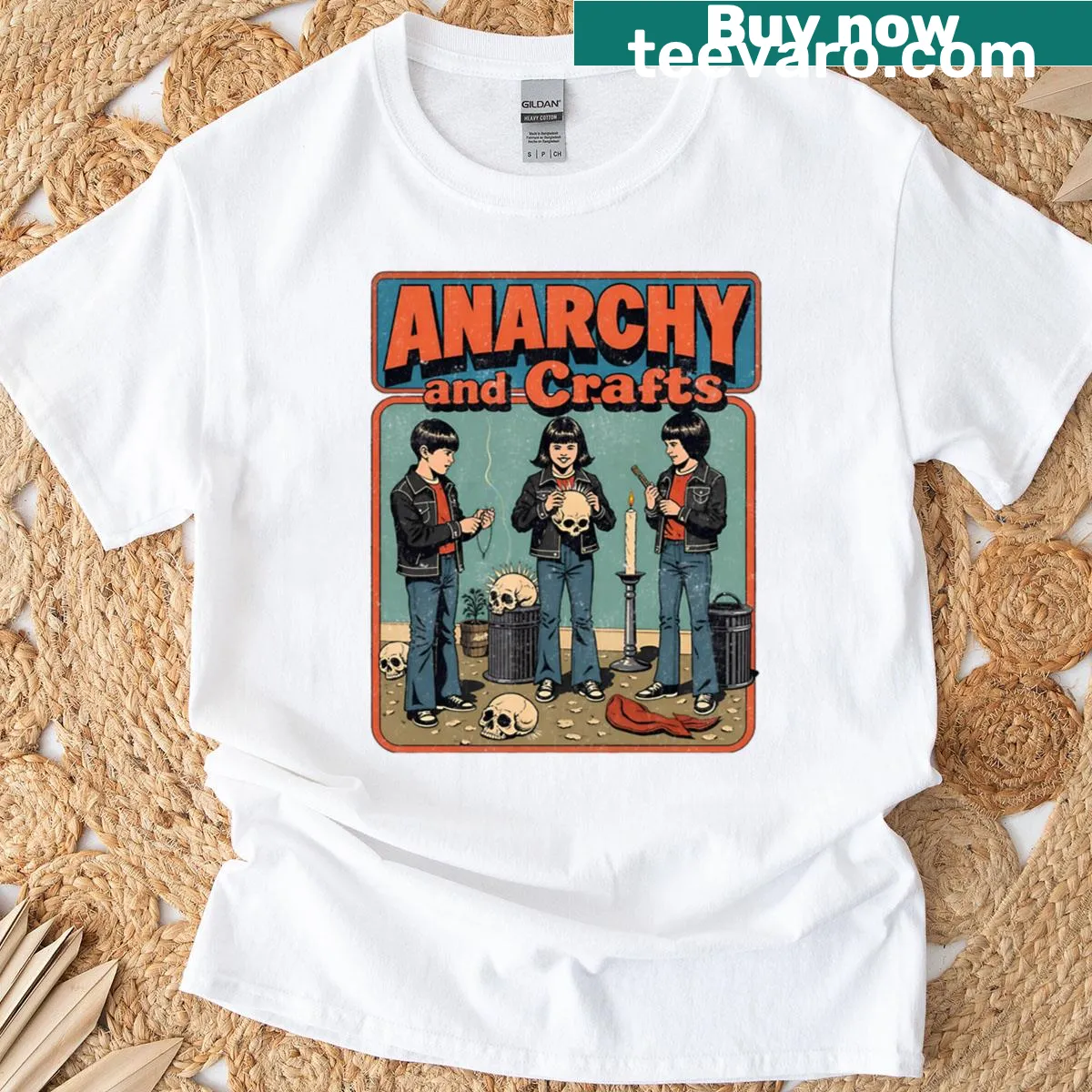Funny punk-rock art t-shirt with anarchy and crafts theme — on a men's t-shirt