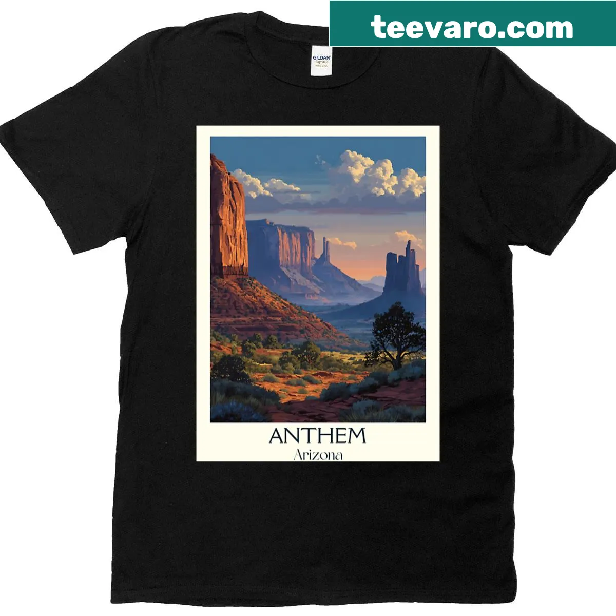 Vintage travel poster design showcasing Anthem, Arizona's desert landscape. — on a men's t-shirt