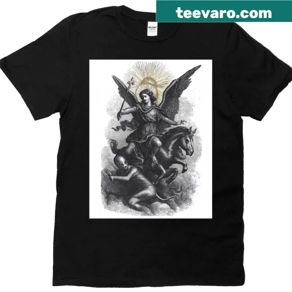 Archangel Michael battling an alien in a humorous sci-fi design