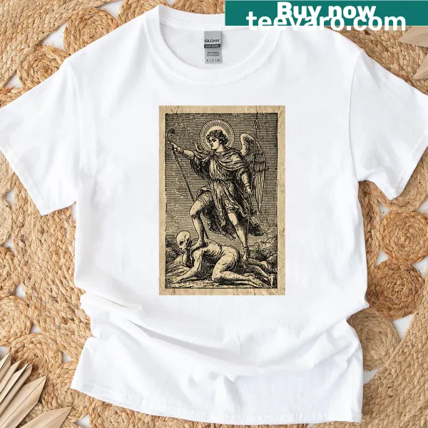 Vintage engraving of Archangel Michael with an alien on faux paper