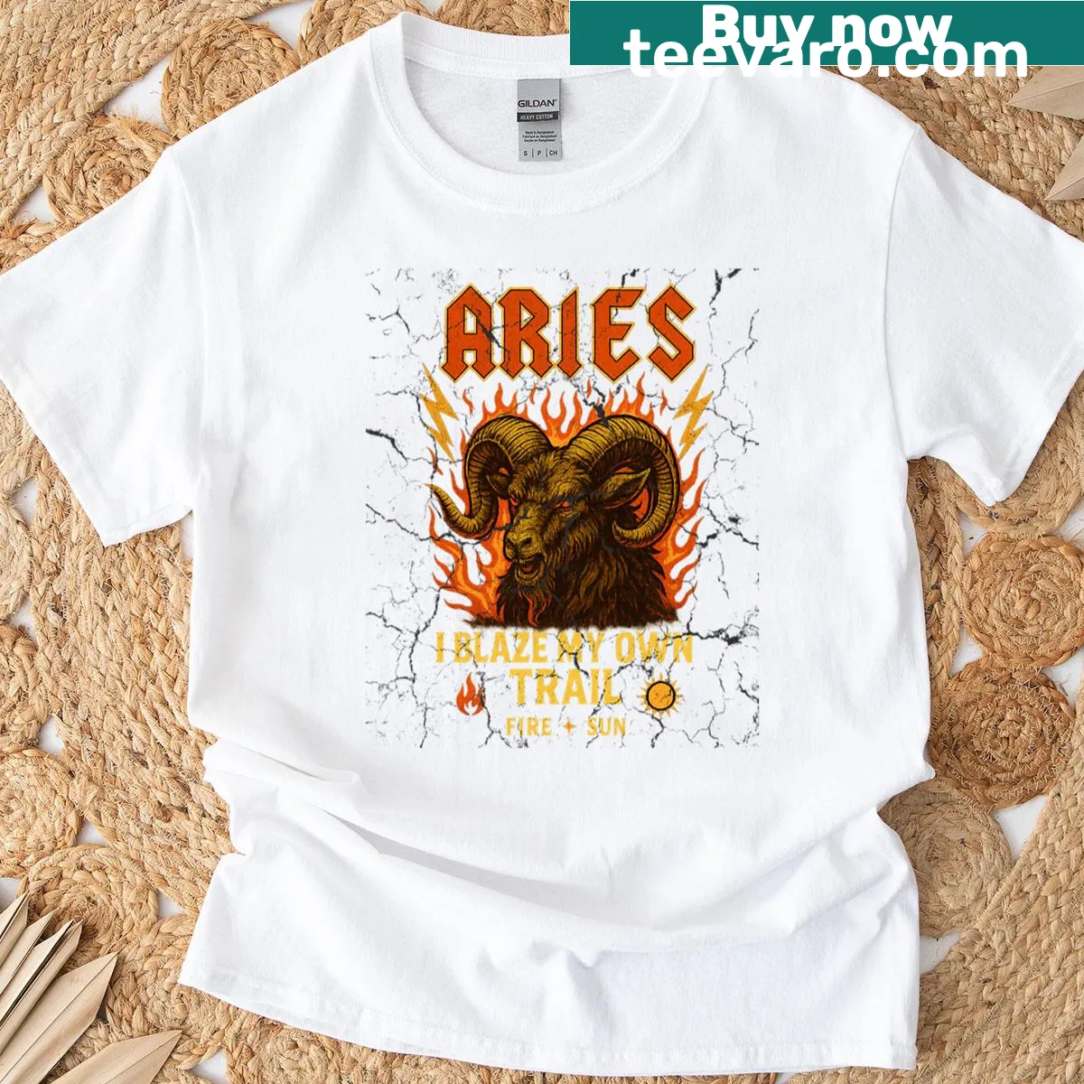 Retro T-shirt featuring Aries zodiac and rock band design. — on a men's t-shirt