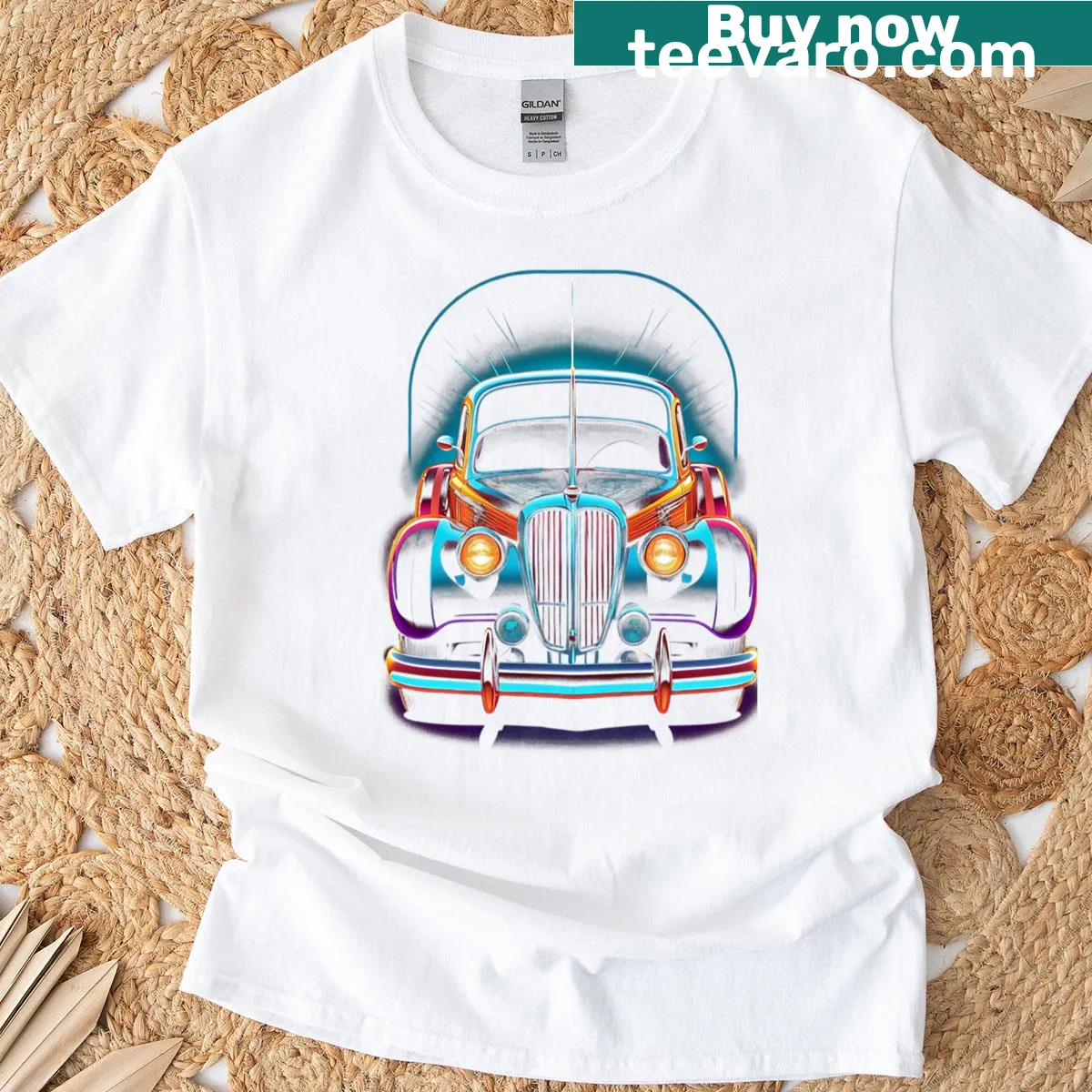 Art Deco style T-shirt featuring an elegant vintage car graphic — on a men's t-shirt