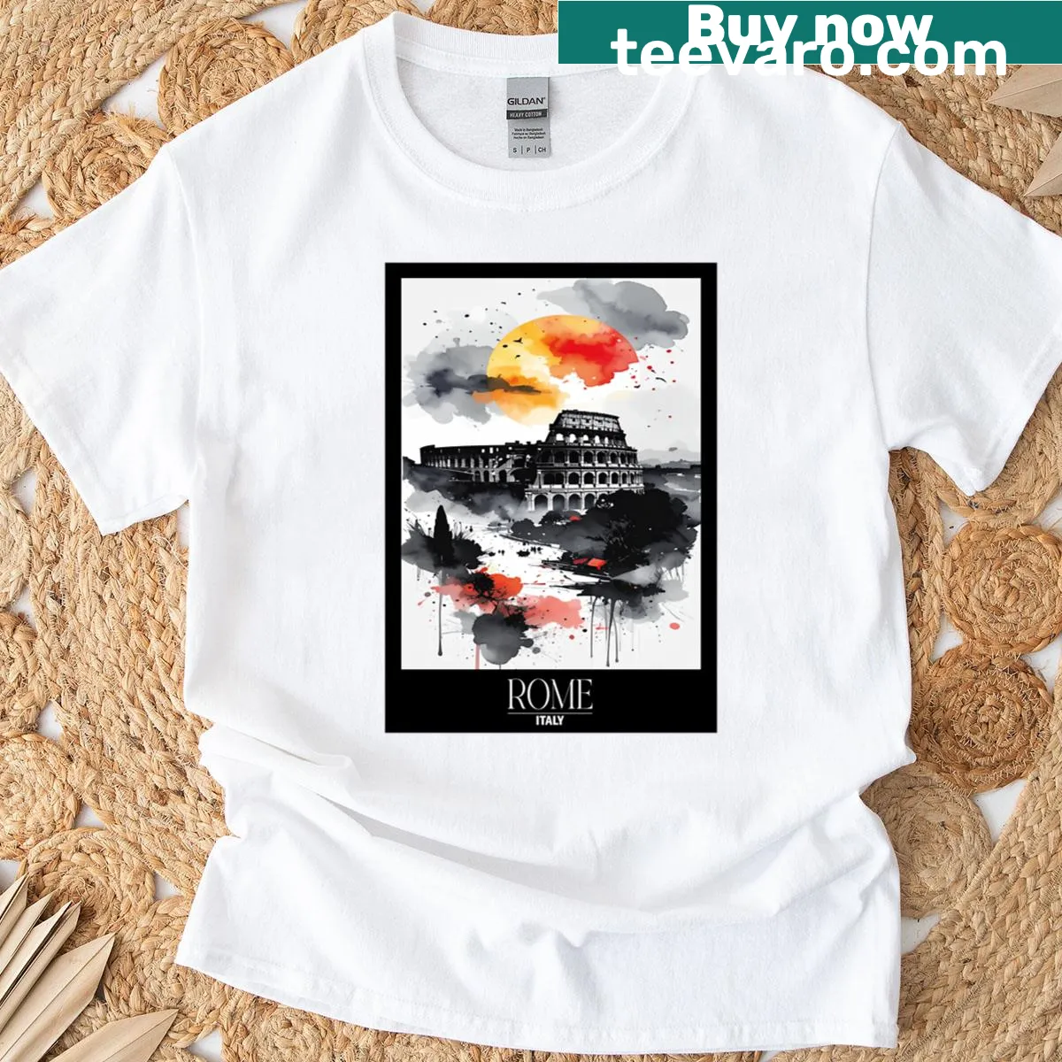 Travel poster style T-shirt with Rome illustration — on a men's t-shirt
