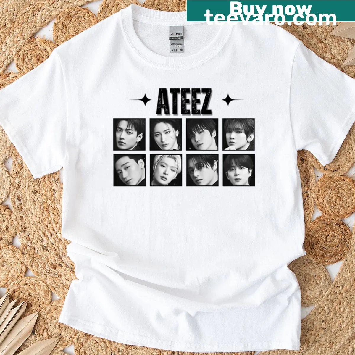 Cozy t-shirt with Ateez scrapbook collage design in Y2K vintage style — on a men's t-shirt