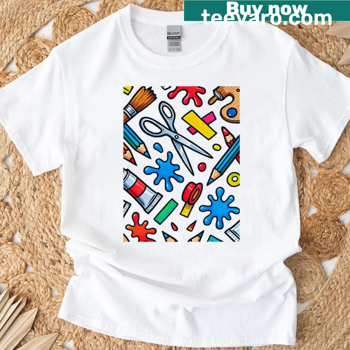 Oversized T-shirt with colorful comic art of school supplies — on a men's t-shirt