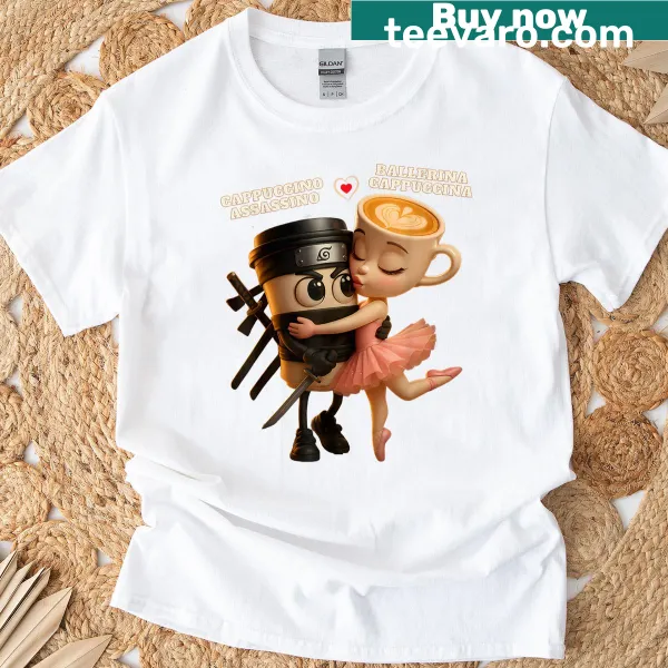 Playful cartoon T-shirt of a ballerina serving cappuccino