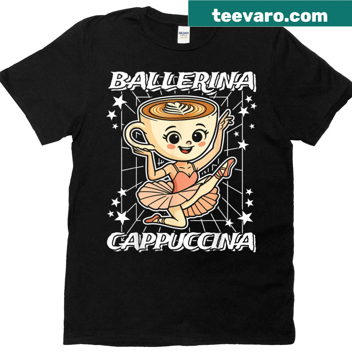 Cartoon ballerina enjoying a cappuccino on a t-shirt. — on a men's t-shirt
