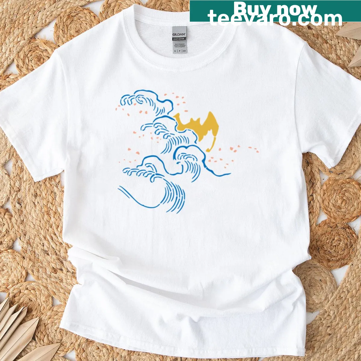 Vintage Japanese design with bats above stylized waves on a T-shirt — on a men's t-shirt