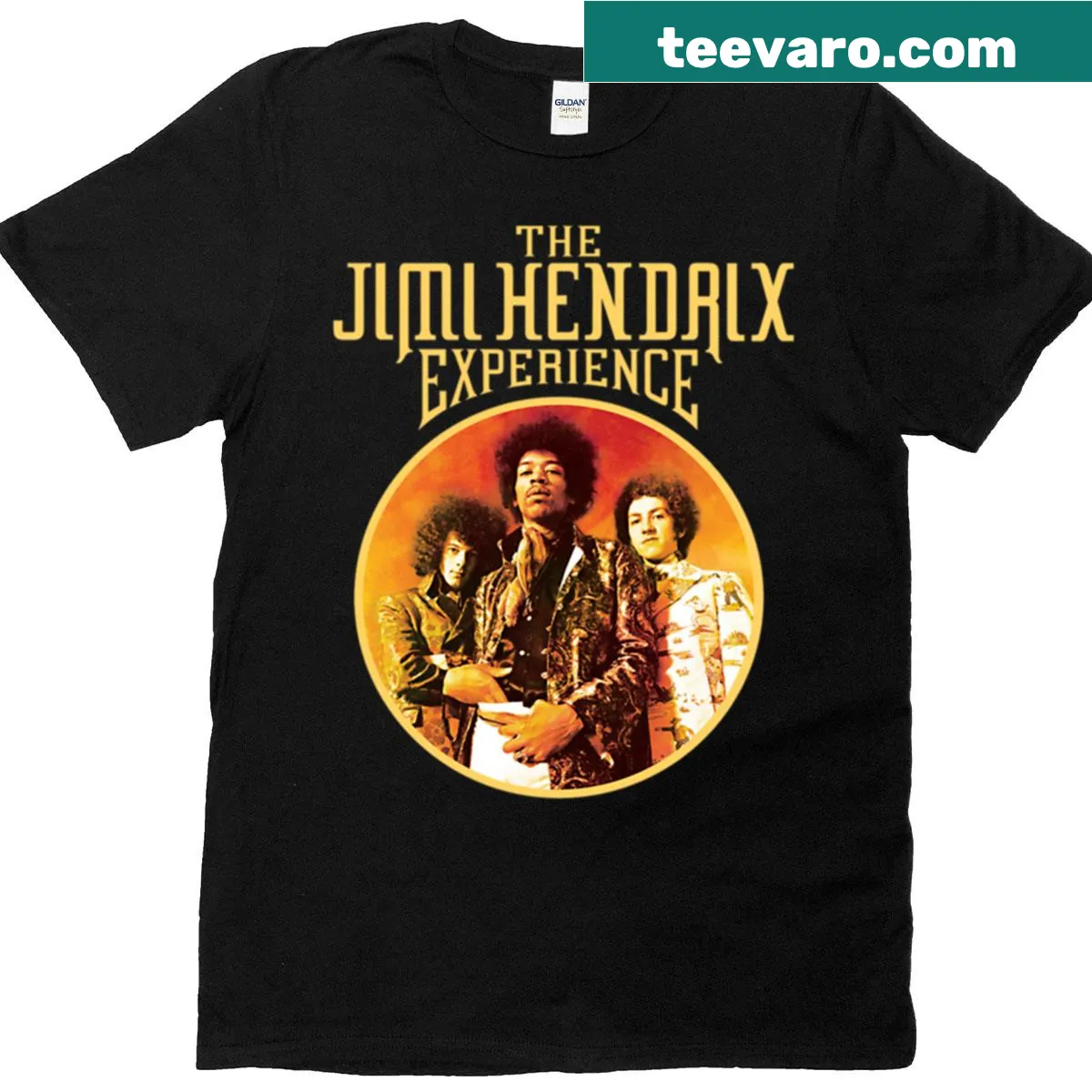 Illustrative tribute to Jimi Hendrix featuring music elements and stars — on a men's t-shirt