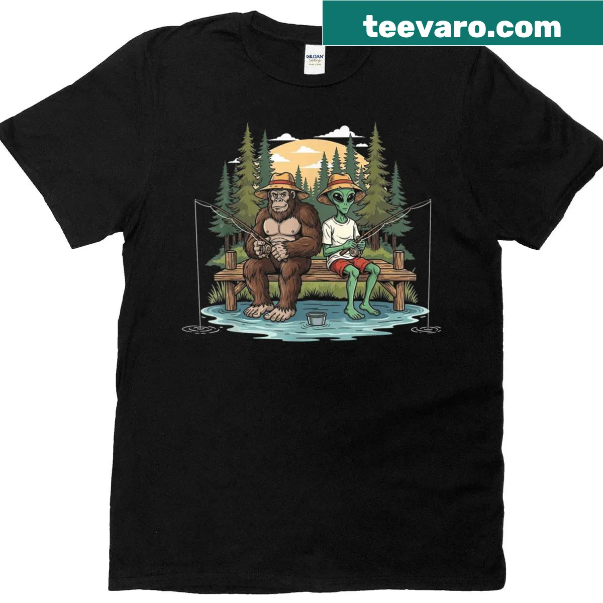 Distressed t-shirt featuring Bigfoot fishing with an alien graphic. — on a men's t-shirt