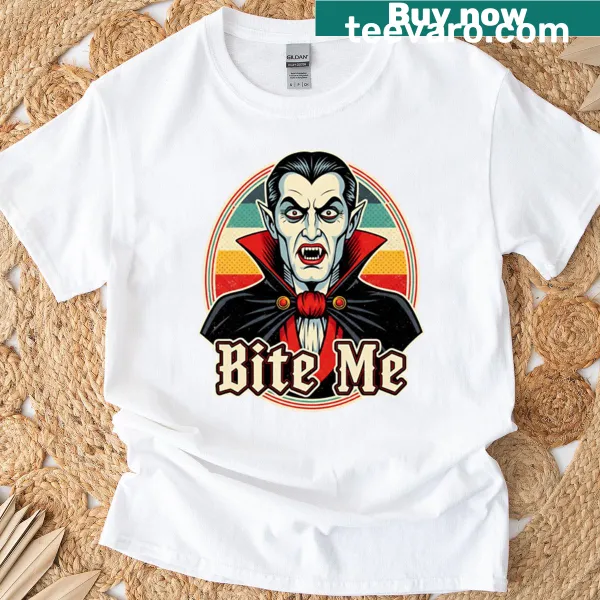 Retro vampire Halloween t-shirt with a 'Bite Me' graphic