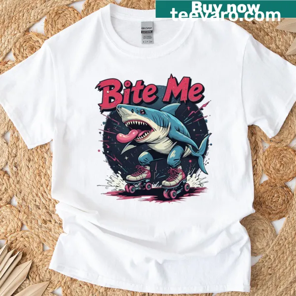 Oversized t-shirt featuring a shark on roller skates