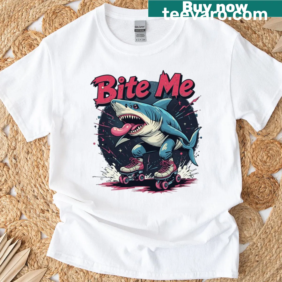 Oversized t-shirt featuring a shark on roller skates — on a men's t-shirt