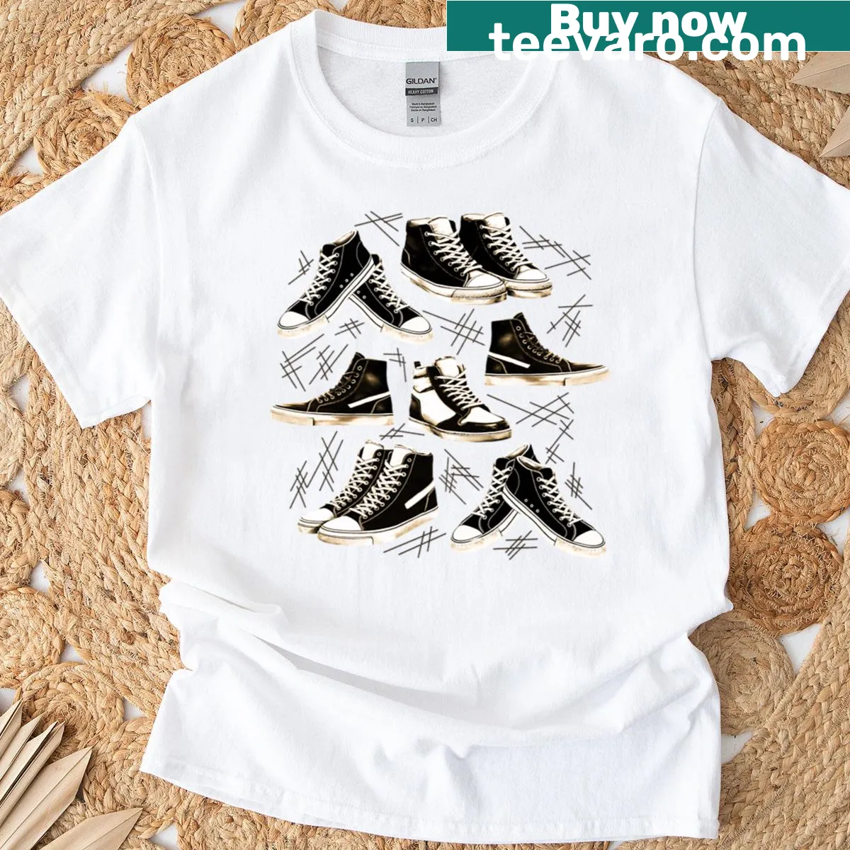 Vintage aesthetic t-shirt featuring black and white sneaker design — on a men's t-shirt
