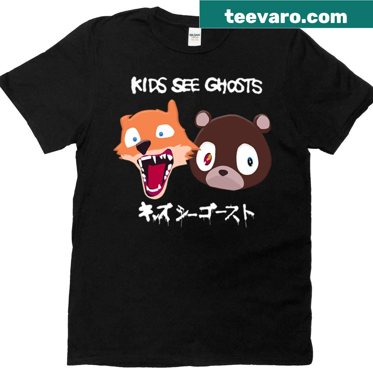 Black t-shirt featuring Kids See Ghosts graphic — on a men's t-shirt