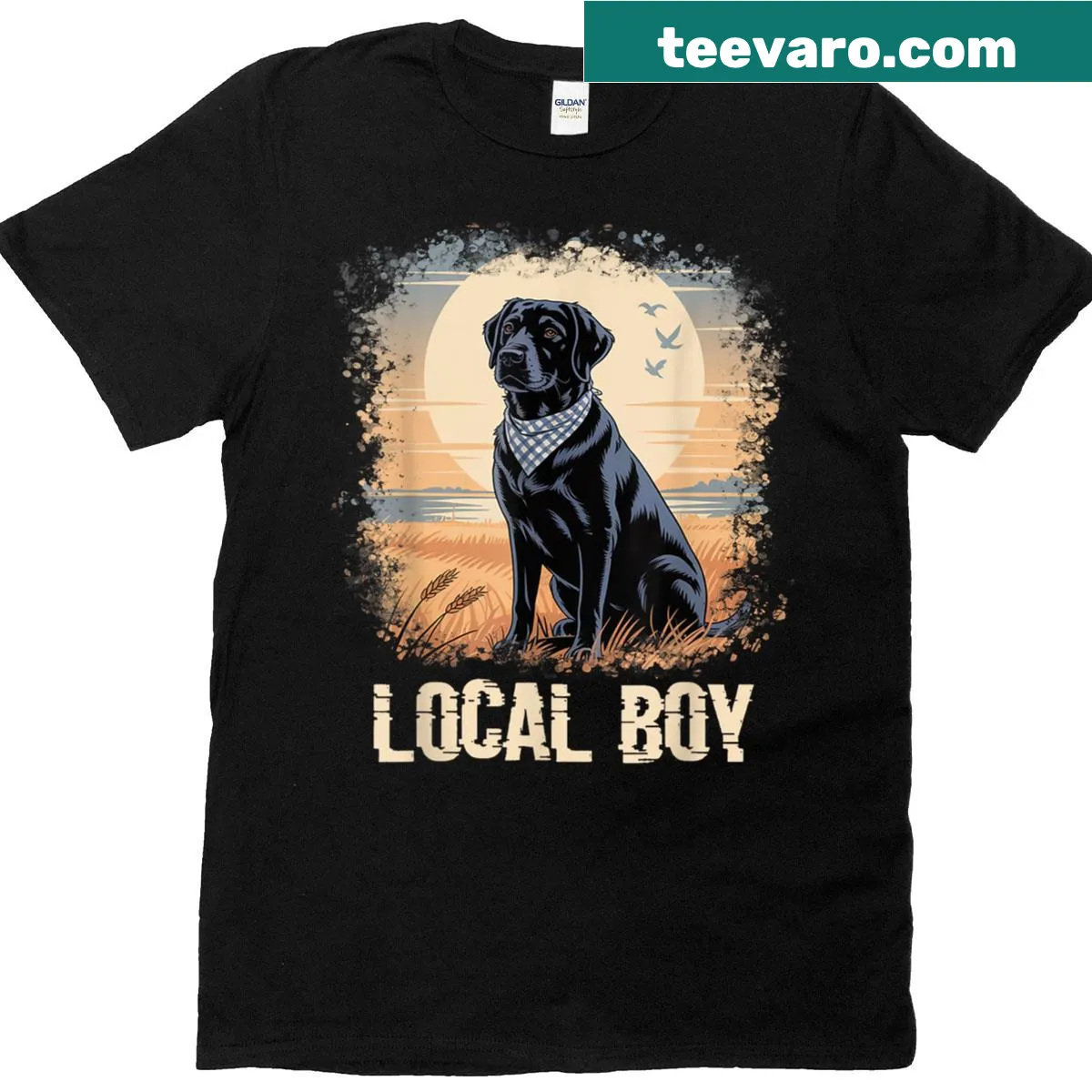 Funny T-shirt with cartoon of a boy and black lab dog — on a men's t-shirt