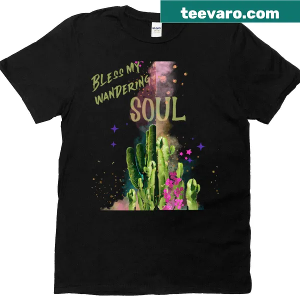 Oversized t-shirt with the phrase 'Bless My Wandering Soul' in hand-lettered script