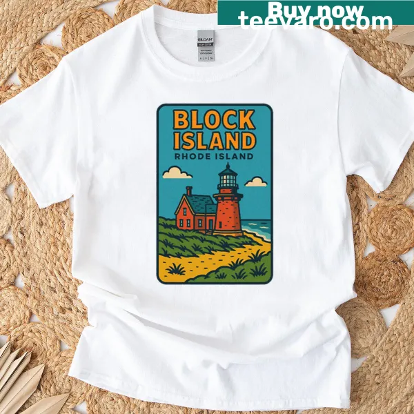 Illustrated Block Island decal T-shirt showcasing coastal charm